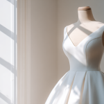 Minimalist wedding dress on mannequin simple white background soft natural light