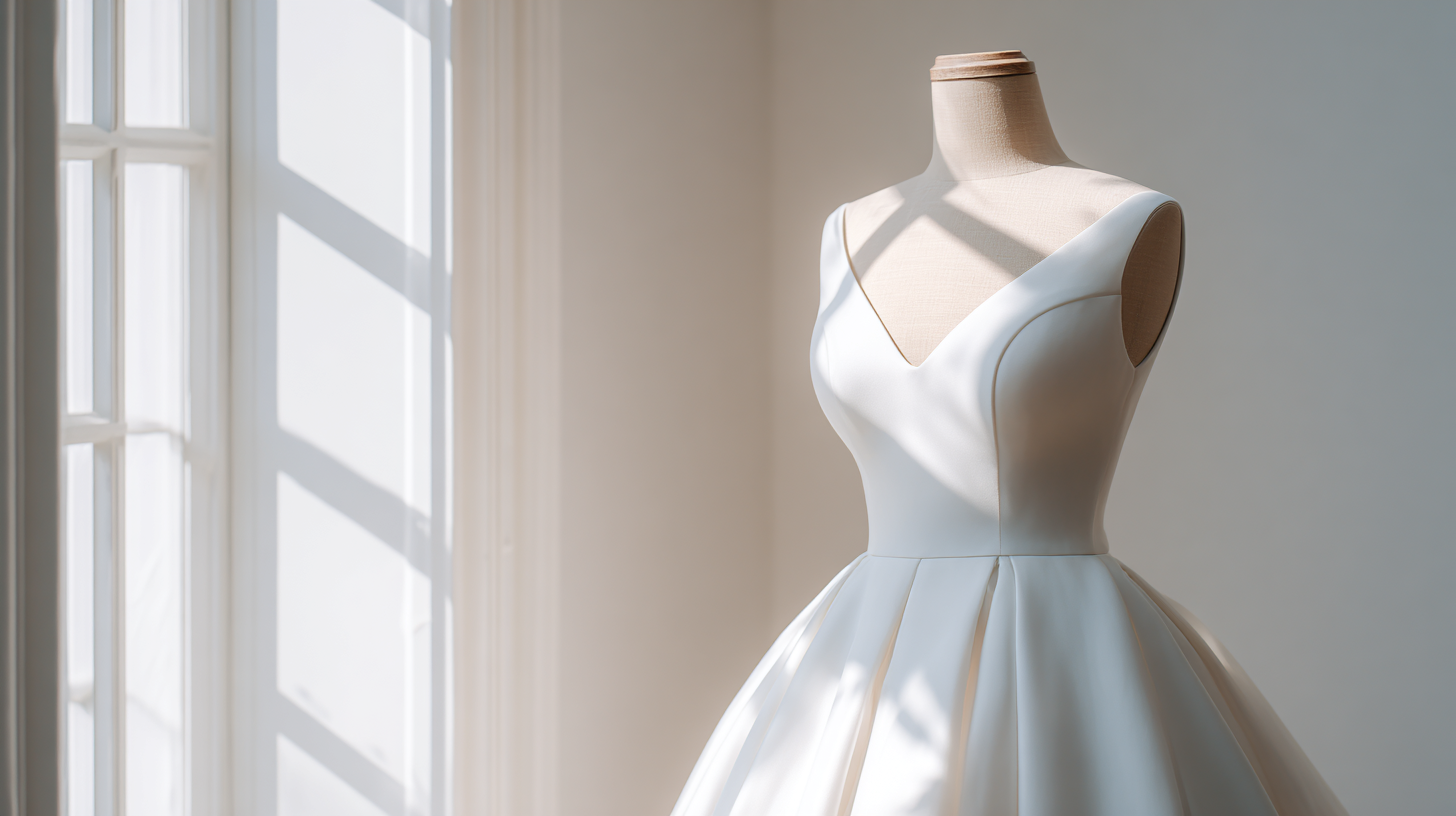 Minimalist wedding dress on mannequin simple white background soft natural light